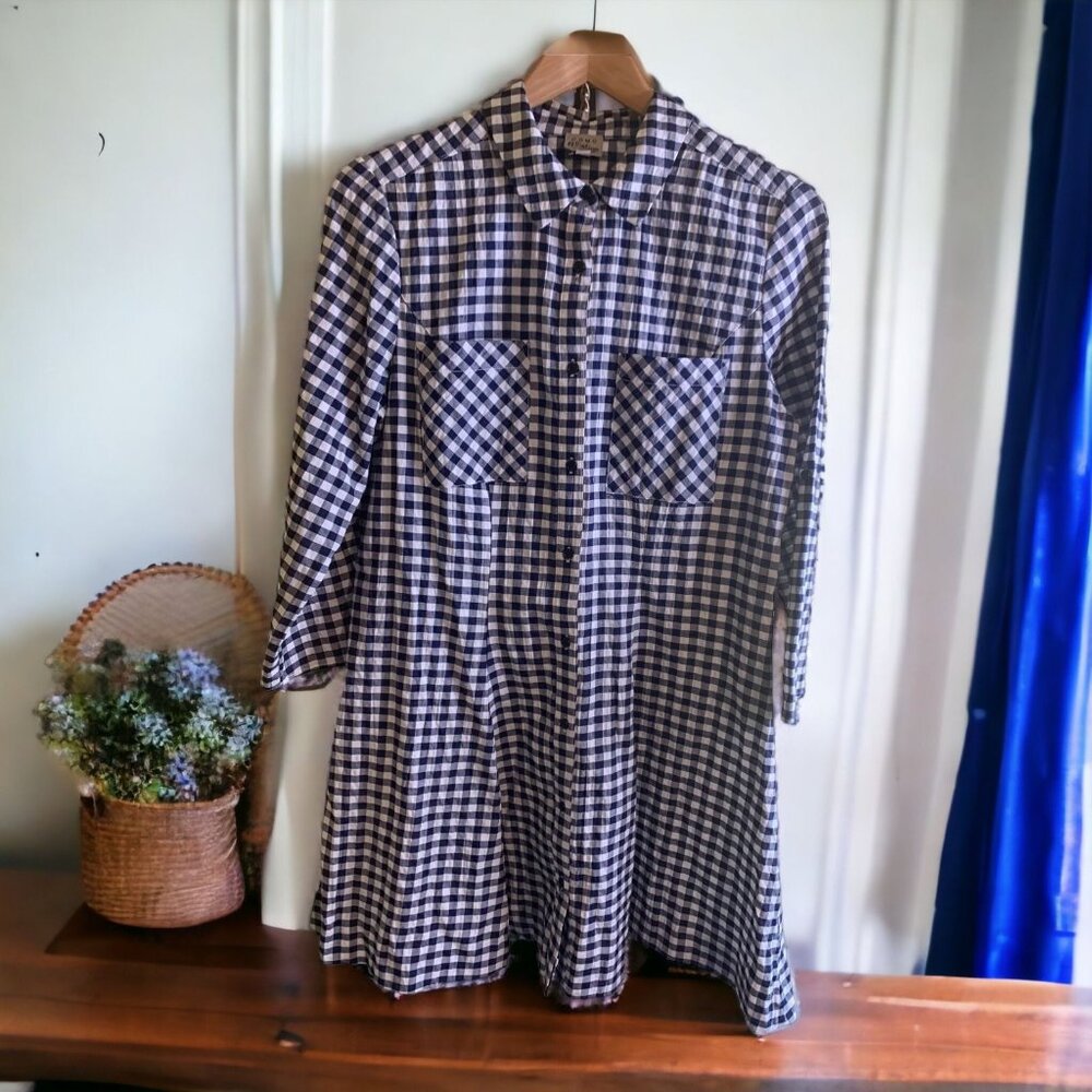 Como Vintage Brand  Belted Dress Womens Medium Navy Blue And Gingham White Check